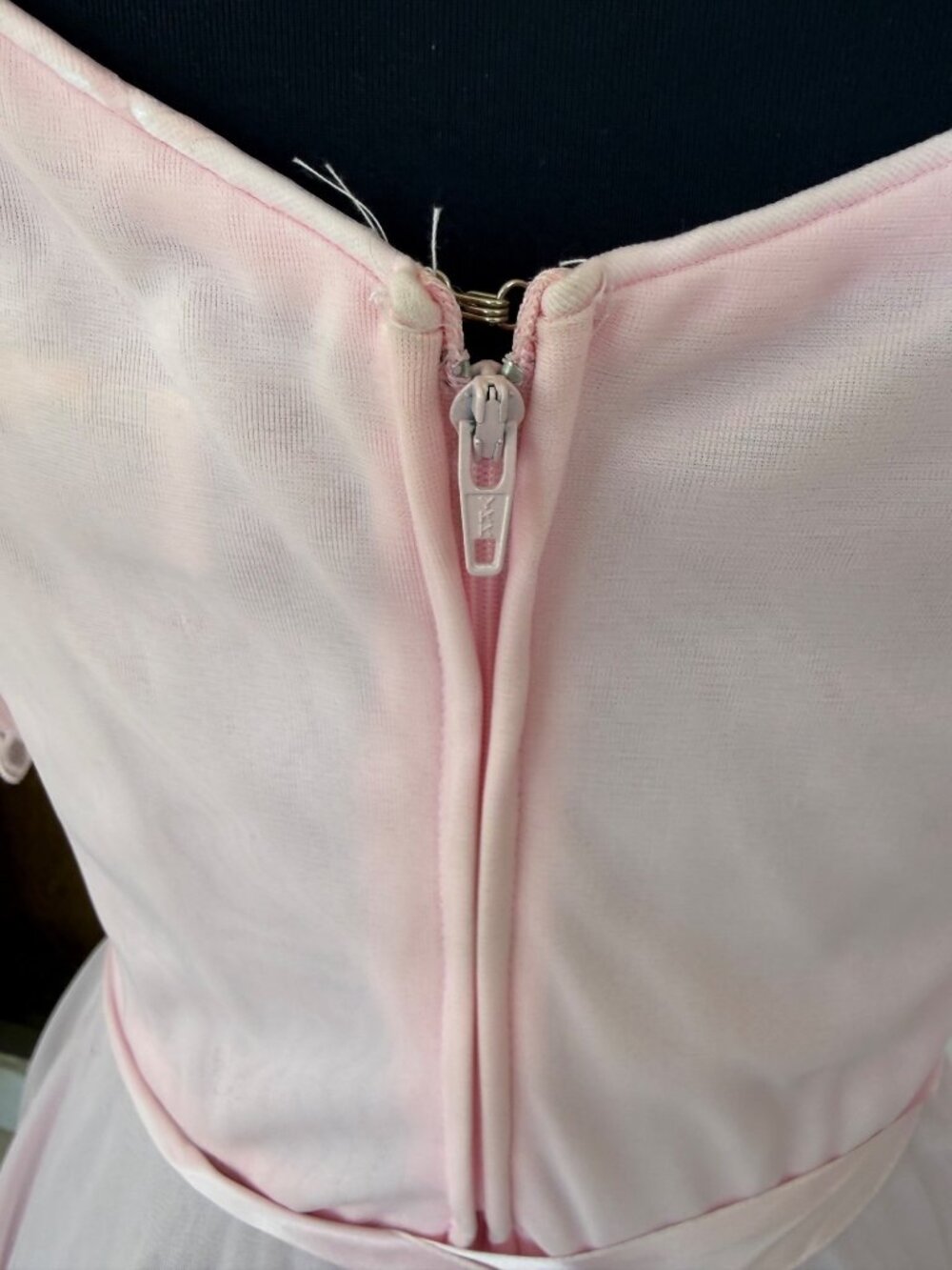 Vintage 80s Bubble Gum Pink Sheer Nylon & Lace Party Dress Balloon Sleeves Sz M - Picture 13 of 16